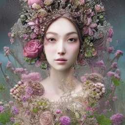 Insanely detailed photograph of an “portrait of gorgeous spring goddess ” with intricate hair, intricate embroidered dress, beautiful clear face and hyperdetailed painting by Ismail Inceoglu Huang Guangjian and Dan Witz CGSociety ZBrush Central fantasy art album cover art,8K, hdr, romantic, mysterious, ominous, beautiful flowers, jewelry, comfort, natural eyes, "arms open for embrace"