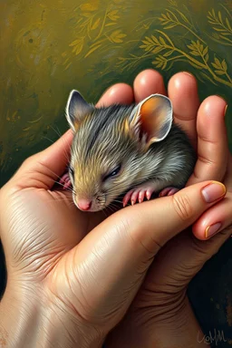 Van Gogh painting style of a mouse peacefully sleeping in to hands palms, The mouse’s fur harmonizes with the scene, that blend with the warmth of the hands , contrasting with natural hands skin