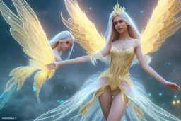  beautiful cosmic fairy, long hair, golden skin, nice smiling, transparent wings, magic glamour make up, delicate colors, beautiful glamour galactique dress, ultra sharp focus, 8k, unreal engine 5, extremely sharp detail, light effect, soft light atmosphere of a spaceship, smooth, full of details, face in front, complete vision of face and hair and body