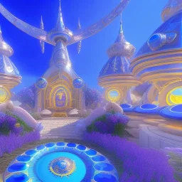 landscape of aztecan celestial blue temple ambient beutiful villa white gold and neon lights bright and blue bright gloss effect of a futuristic house,like spaceship, natural round shapes concept, large transparent view of the open outdoor garden,sea beach,blue sky , gold crystals,with light blue, flowers of Lotus, beutiful pools, light of sun , palmiers,cerisiers en fleurs, wisteria, sun , stars, small waterfalls