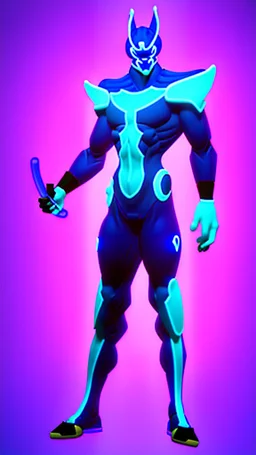 man game character full height with weapoon in blue-purple neon, without background