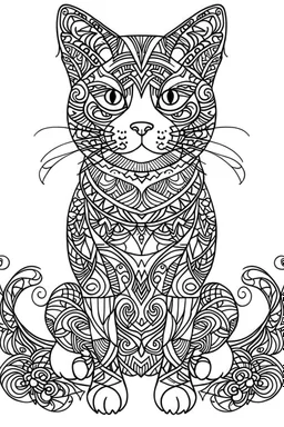 A simple minimalist coloring book mandala page drawing with thick black lines on a white background of a full length body of a kitten with no tail of the cat breed BORNEO BAY CAT. No shading. No gray. No shadows. No color. This coloring book page would appeal to children aged sixteen through adults and have clean lines for a design that is easy to color. Style raw. Aspect ratio 9:11