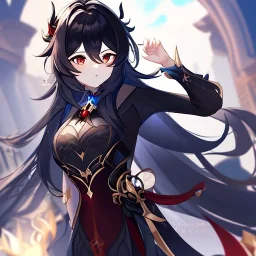 Clear focus, high resolution, black long fluffy hair, red eyes, wearing a genshin outfit