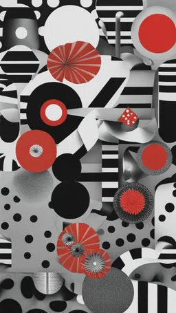 surreal collage art crafted from vintage Japanese magazines poster Novell , art composition by kusama, sci-fi elements , Alice's Wonderland, black and white and deep red