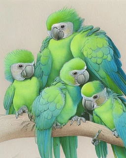 Drawing of a group of baby parrots