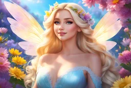 large fairy wings. As the morning sky casts its dreamy gaze on Elsa, amidst the vibrant flowers of spring, straight blonde hair, her straight blonde locks shimmer like a golden halo. smiling. high purity. very detailed, digital art, beautiful detailed digital art, colorful, high quality, 4k