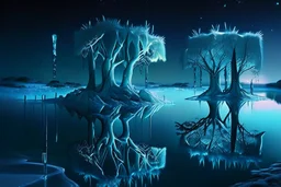 Ice blocks, one tree, night, lagoon reflection, sci-fi, epic,