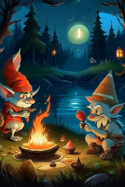 a gnome and a goblin eating in front of a fish fire, riverbank, night, moonlight, figure with fox mask behind