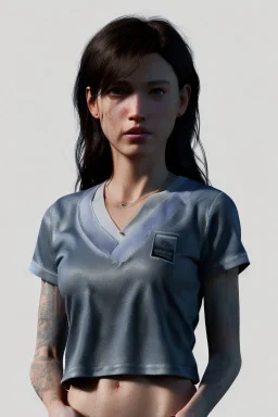 Ultra Realistic image, 25 years old brunette woman, Madrid, portrait, small stature, small chest, yakuza body tattoo, white broken cotton short undershirt, vibrant color, highly detailed, art stations, concept art, smooth, unreal engine 5, god rays, ray tracing, RTX, lumen lighting, ultra detail, volumetric lighting.