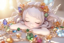 closeup, cute chibi sleeping fairy, Coloured glass flowers set with gemstones, glittering metal stems and gemstone leaves on a room table sharp focus elegant extremely detailed intricate very attractive beautiful dynamic lighting fantastic view crisp quality exquisite detail in the sunshine gems and jewels