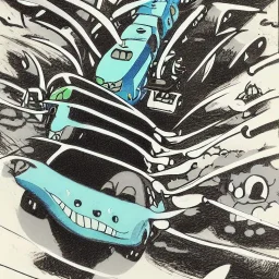 kaiju car traffic in miro style