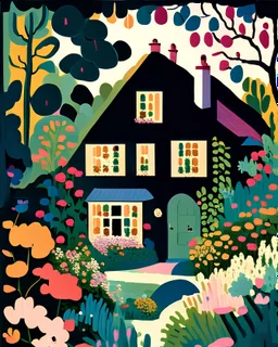 A charming depiction of a cozy, inviting cottage, nestled in a lush garden filled with blooming flowers and verdant foliage, in the style of fauvism, bold color palette, simplified forms, and a sense of warmth and comfort, influenced by the works of Henri Matisse and André Derain, evoking feelings of happiness and contentment.