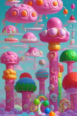 A whimsical candy land filled with larger-than-life sweets, from gumdrop mountains and lollipop forests to chocolate rivers and marshmallow clouds. A playful and imaginative scene, bursting with bright, saturated colors, and intricate details that invite the viewer to explore the delightful landscape.