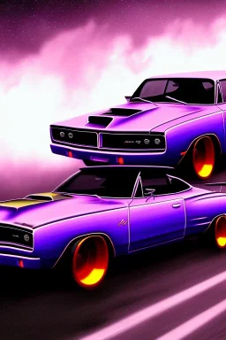 dodge super bee on road at night, hyper realistic, purple flames