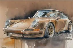 oil paint watercolor pastel acrylic ink the most beautiful brown Porsche 911 ever, award-winning, gorgeous, emotional.