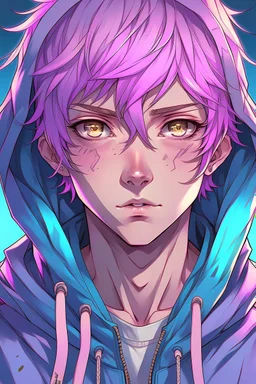 An anime man with messy short pink hair and narrow blue eyes wearing a hooded jacket Realistic.