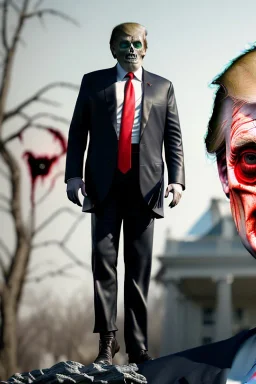 Ultra realistic image, Donald trump zombie, zombie performance, suit, skull, blood, torn arm, night, walking twisted, waist up view, thriller style, dark ambient, highly detailed, White House background, concept art, unreal engine 5, ray tracing, RTX, ultra detail, volumetric lighting, high definition, high resolution.