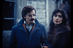 a young man and a beautiful woman standing next to each other, 1 9 8 0 s analog video, with mustache, small glasses, cold scene, out of focus background, house on background, the woman has long dark hair, photo realistic
