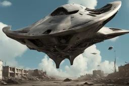 Sleek, cargo spaceship, looking like a manta ray, landing on a destroyed alien street, blue sky, photorealistic, highly detailed