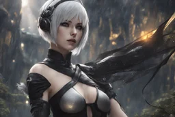 Hot 2B with whit eye in 8k nier automata artstyle, 2B them, 2B Custom, close picture, rain, fantasy world, intricate details, highly detailed, high details, detailed portrait, masterpiece,ultra detailed, ultra quality