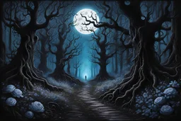 "Lovecraftian Eldritch high gothic tim Burton style dark forest hallow oily black trees glowing white blue midnight moon flowers path through forest scary creepy scary intricate motifs perfect composition masterpiece insanely-detailed ultra-detailed extreme-detailed"