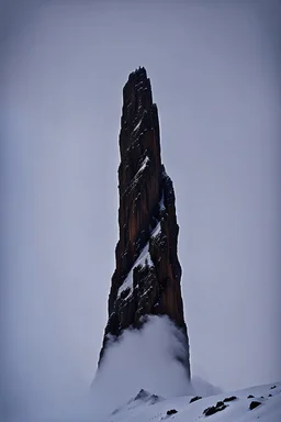looking up at one single mountain pillar sharp snowy face rises out of the mist into the night sky.