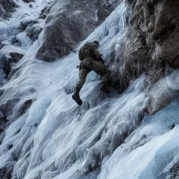 Tactical Marine Scaling a cliff up to an Icy Mountain Base, 8K Quality