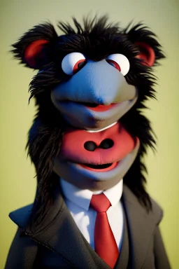 Waist up muppet Portrait, Kim Jong-un muppet doll, black suit, photo studio, red background, unreal engine 5, concept art, art station, god lights, ray tracing, RTX, lumen lighting, ultra detail, volumetric lighting, 3d.