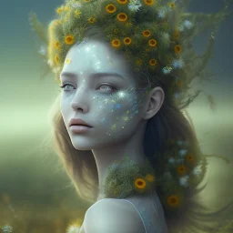 Portrait of beautiful daisy girl, face dept of field,face shining, plant, metal,lens blur,,Unsharp masking, feathers,central weight average,Laplacian filt CWA Dryad,Median filter fae, sidhe, ominous, nature, plants, wildflower sparkle,wildflower 3d view, facepaint, dnd character portrait, intricate, oil on canvas, masterpiece, expert, insanely detailed, 4k resolution, retroanime style, cute big circular reflective eyes, cinematic smooth, intricate detail , soft smooth lighting, soft pastel color