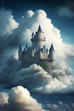 Enormous castle completely made up of clouds in the sky, ominously looming above.