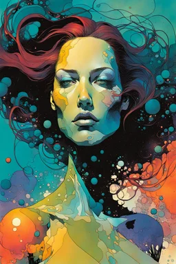 create a wildly abstract and chaotic full body illustration of an amorphous woman with highly detailed facial features utilizing fluid organic shapes, in the comic book art style of Bill Sienkiewicz, Mike Mignola, and Jean Giraud Moebius, finely textured, drawn, colored, and inked