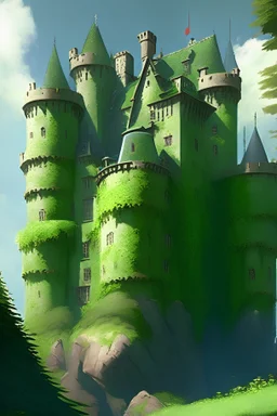 A large, fortified English-style castle, green moss grows on its balconies, and the weather is sunny