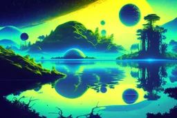 Alien landscape with forest, exoplanet, boat, exoplanet in the sky, Lagoon reflection vegetation, sci-fi, concept art, movie poster, cinematic