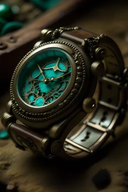 Craft an image where the turquoise hues in a vintage watch band whisper tales of time's passage within a stable.cog environment, encapsulating the beauty of a stable mid-journey.