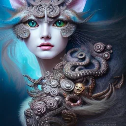 "Insanely detailed photograph of an elaborate beautiful cat goddess intricate glowing skin eyes intricate face hair lashes fur dress hyperdetailed painting by Anna Dittmann Huang Guangjian and Dan Witz CGSociety ZBrush Central fantasy art album cover art 4K 64 megapixels 8K resolution HDR Greek shiny space colours jewelry celestial hair eyes light"