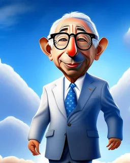 Cartoon of expresident Alvaro Uribe Vélez full body 4k with shirt pants and shoes rat ears rat nose circular glasses grotesco big white hat light blue sky