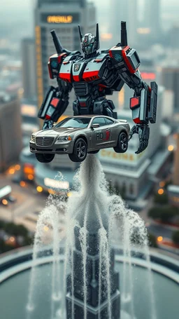 transformer looking like a car standing on its nose a top above sky scrapers in fountain in the style of Escher, bokeh like f/0.8, tilt-shift lens 8k, high detail, smooth render, down-light, unreal engine, prize winning