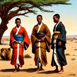 Warning: Close-up. Rich colors, intense sharpness. Cinematic and realistic illustration of African villagers in traditional kimonos, combining elements of samurai and kabuki aesthetics. They are working together in a savannah landscape, with a desert tree in the background. They care for lions and leopards, while their vibrant kimonos contrast with the earth tones of the surroundings.