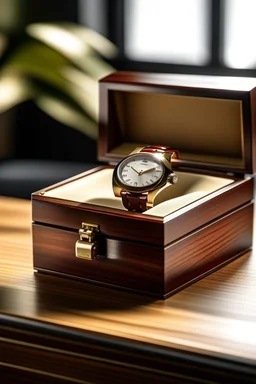 Generate an image of a single luxurious watch box set against a backdrop of soft, natural lighting. The box should feature a rich, mahogany wood finish with subtle, polished brass accents."