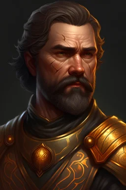 A man about 50 years old, tall, athletic physique, several scars. He has brown hair and a short, well-groomed beard. He looks regal and authoritarian. He wears heavy steel armor with gold trim. In the image you must see at least half a bust.