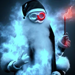 All Black Santa, ghost, wearing high tech mask, white smoke, dark, rage, high definition, ultra 8 k, volumetric lighting, blue fire, fog red rain