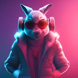 stylized anamorphic Rabbit, smiling, cyberpunk headphone, sunglass, gangsta gold neckless, full body, magenta puffer jacket, manila city backdrop, dramatic lighting, hyper realistic, unreal engine 5, 16k