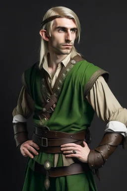 beautiful elf male on his thirties ranger wearing medieval clothes with hands behind his back
