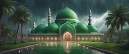 Hyper Realistic massive huge green mosque with white flags on the roofs at a rainy night with grassy pathway, palm trees & Thunderstorm