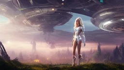 Wide-angle, full body of a woman, with straight blond hair, dressed like a robot, with equipment in her hands, next to a crashed spaceship, on an alien jungle world in the multiverse