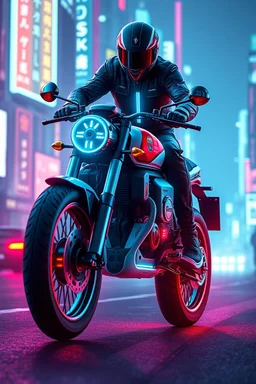 Design a futuristic Royal Enfield high technology design in the year 3025, future world,high technology fusion,hover bike,inspired by Syd Mead’s visionary style. futuristic elements with a high-tech, neon cyberpunk aesthetic. 1 man rider,lost neon city bgเส้นการเคลื่อนไหว, เส้นความเร็ว, ความลึกของระยะชัด, 32k , hyper resolution, hyper detailed, dynamic pose action ภาพยนตร์,