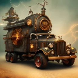 Ghost steampunk pirate truck, thunderstorm