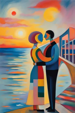 Kandinsky Contemporary painting, man and woman holding each other in the arm, man has short hair, woman has short yellow haircut, we can not see their faces and we see them from the back, they are looking at sunset in the sea, there is bridge in the corner of paint, use only soft happy pastel colors, add 17 Jan 2021 in signature