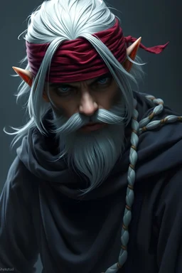 Shadar-kai Elf Monk with Blindfold that is inspired by Lee Sin with a dark background and atmosphere, white hair and beard