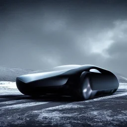 futuristic car, realistic, high details, moving, with black windows, metal shine, cinematic, in the arctic, blowing winds